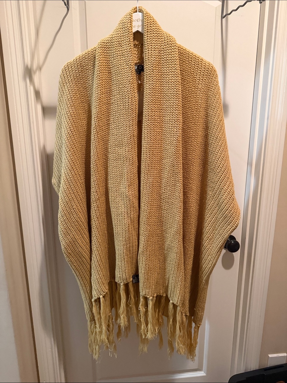 POL Mustard Yellow Open-Front Fringe Knit Poncho cotton blended